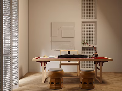Modern Minimalist Wooden Tea Table and Chairs with Round Stools Wall Art and Wooden Floor 3d model