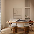 Modern Minimalist Wooden Tea Table and Chairs with Round Stools Wall Art and Wooden Floor