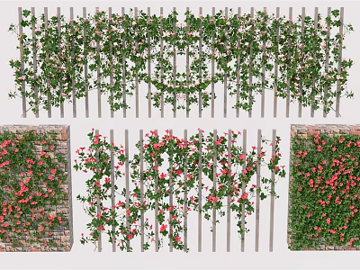 Lush Decorative Vines Covering Wooden Fence and Brick Wall with Red Pink Flowers 3d model