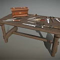 Vintage Leather Case And Multiple Daggers On Rustic Wooden Table 3d model