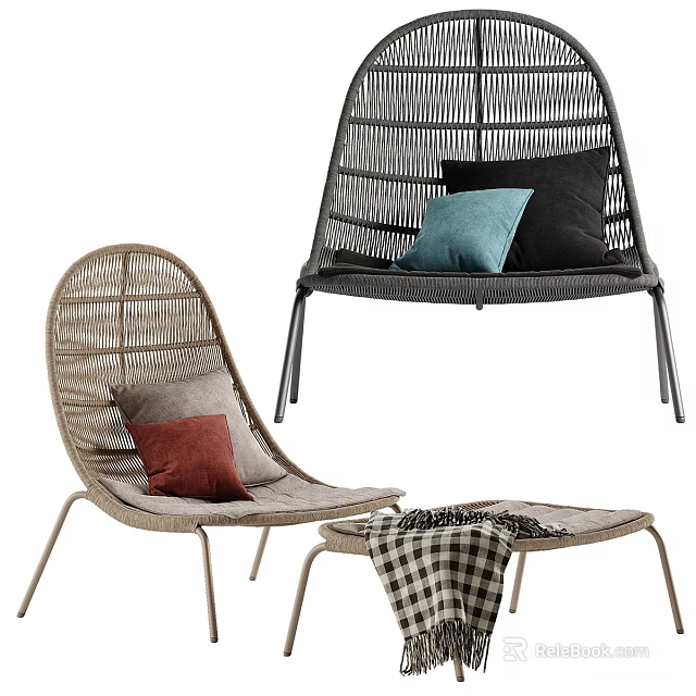 Outdoor Woven Rattan Sofa With Colorful Cushions And Side Table Checkered Blanket 3d model 