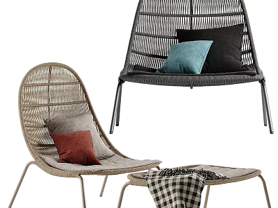 Outdoor Woven Rattan Sofa With Colorful Cushions And Side Table Checkered Blanket 3d model