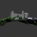 Detailed Castle Architecture Model With Green Trees Grass Road And Parked Cars