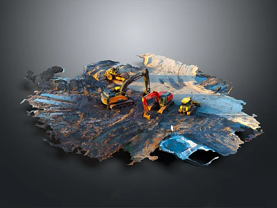 Toy Construction Vehicles On Broken Ground With Yellow And Red Excavators And Bulldozers 3d model