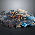Toy Construction Vehicles On Broken Ground With Yellow And Red Excavators And Bulldozers