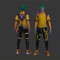 Game Character With Blue Hair Yellow Shirt Black Pants And Fantasy Creature Companion