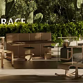 Modern Villa Terrace Outdoor Living Space With Wooden Seating Greenery And Glass Railing