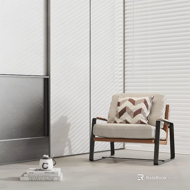 Modern Single Seater Sofa With Black Metal Legs Wooden Armrests And Beige Chevron Cushion 3d model 