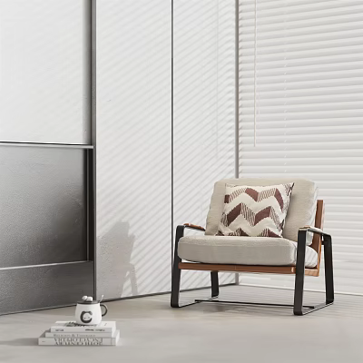 Modern Single Seater Sofa With Black Metal Legs Wooden Armrests And Beige Chevron Cushion 3d model