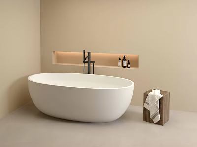 White Freestanding Bathtub in Beige Bathroom with Built in Niche Wooden Stool and Towels 3d model