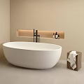 White Freestanding Bathtub in Beige Bathroom with Built in Niche Wooden Stool and Towels