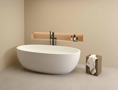 White Freestanding Bathtub in Beige Bathroom with Built in Niche Wooden Stool and Towels 3d model