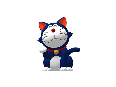 Happy Blue and White Cat Doll With Red Ears Nose Collar Gold Bell Raised Paw 3d model