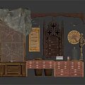 Architectural Vintage Display With Carved Wooden Door And Decorative Cabinets
