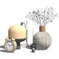 Modern Decorative Ornament Set With Gold Alarm Clock Table Lamp And Marble Vase