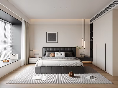Modern Bedroom Interior with Black Leather Headboard White Bedding Wall Art Window And Pendant Lights 3d model