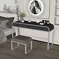 Modern Bedroom Dressing Table With Round Mirror Gray Stool Cosmetics And Flower Vase