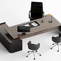Modern Executive Office Desk With Wooden Top Black Frame Computer Monitor Documents And Visitor Chairs