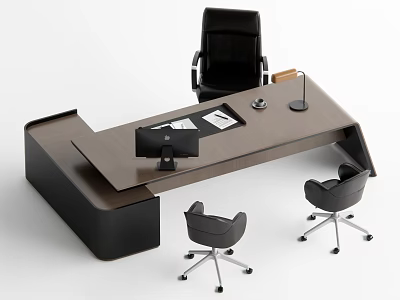 Modern Executive Office Desk With Wooden Top Black Frame Computer Monitor Documents And Visitor Chairs 3d model