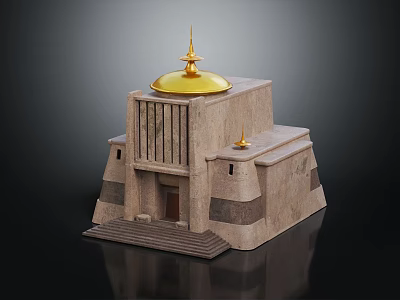 Ancient Building With Golden Dome Stone Structure Steps Entrance And Decorative Lines 3d model