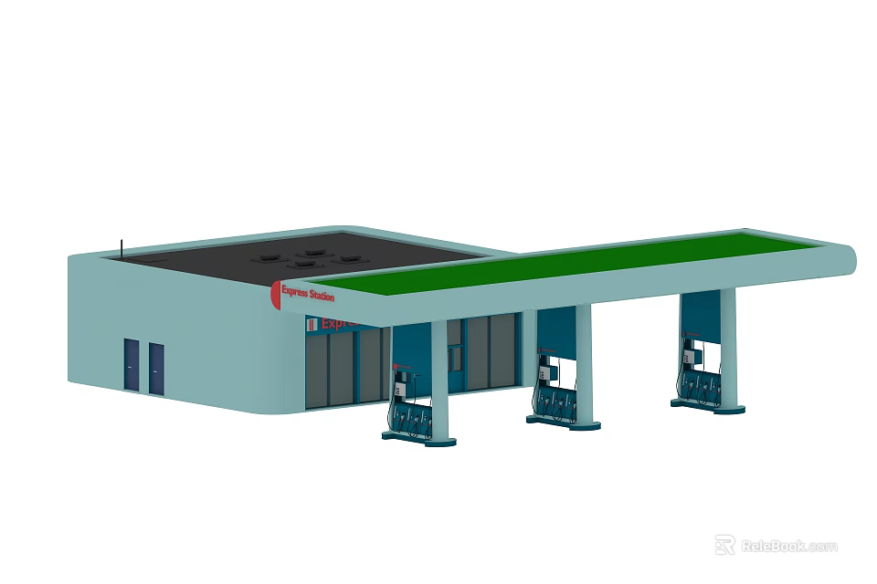 Blue Gas Station Building Featuring Green Canopy Fuel Pumps And Entrance Doors 3d model 