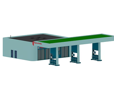Blue Gas Station Building Featuring Green Canopy Fuel Pumps And Entrance Doors 3d model