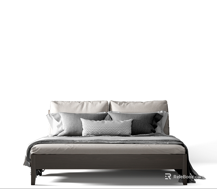 Modern Double Bed With Gray And White Pillows Comfortable Mattress And Simple Frame 3d model 