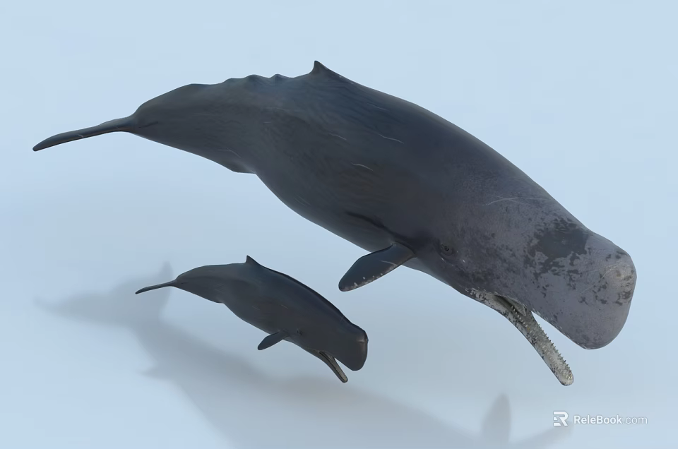 Mother and Calf Whales Aquatic Animals Swimming in Underwater Environment 3d model 