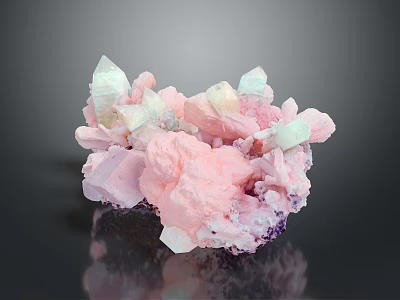 Natural Pink White And Purple Crystal Cluster On Black Background With Reflective Surface 3d model