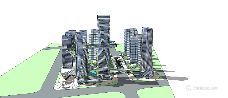 Modern High Rise Office Buildings In Urban Commercial Complex With Green Spaces 3d model 
