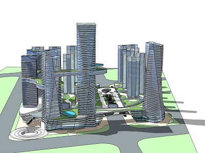 Modern High Rise Office Buildings In Urban Commercial Complex With Green Spaces 3d model