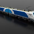 Blue and White Train Models with Multiple Carriages on Dark Background