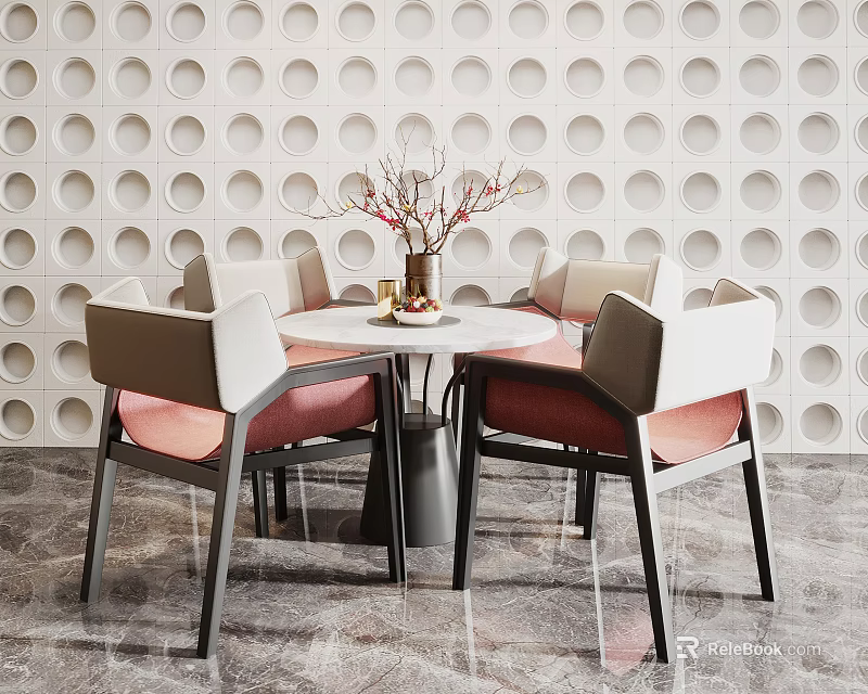 Modern Round Dining Table With Pink Padded Chairs And Vase On Circular Patterned Wall 3d model
