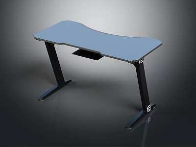 Modern Home Office Desk With Light Blue Curved Surface Black Legs And Keyboard Tray 3d model