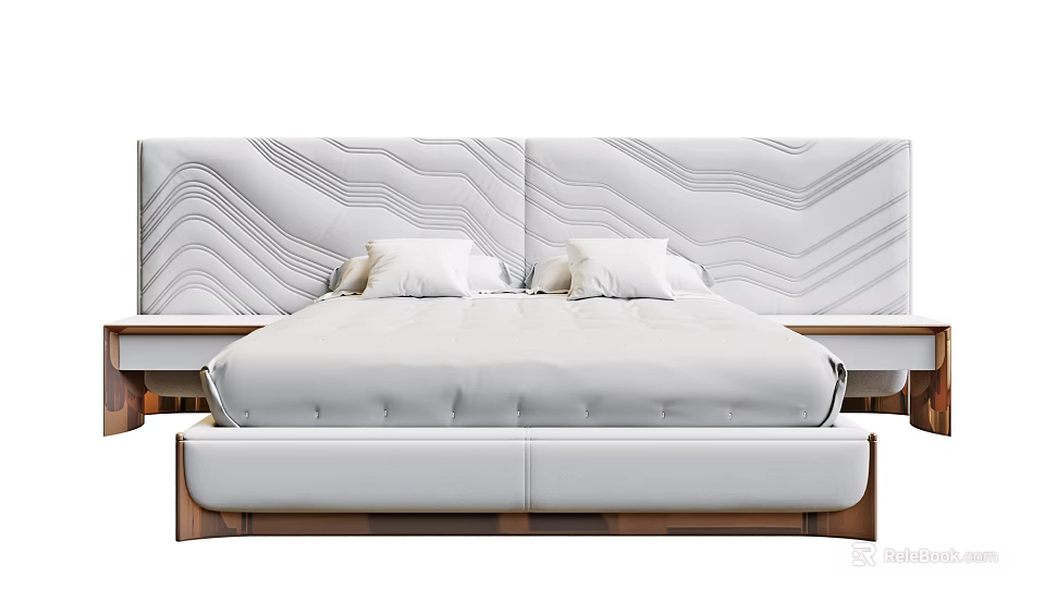 Double Bed With Wave Patterned Headboard White Mattress And Wooden Frame 3d model 