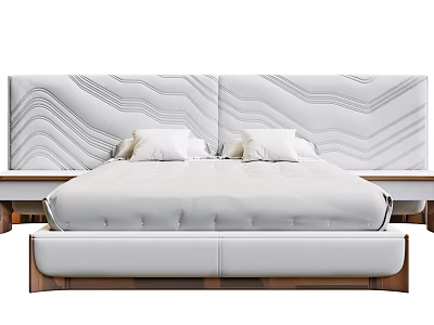Double Bed With Wave Patterned Headboard White Mattress And Wooden Frame 3d model
