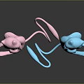 Two Pink And Blue Mew Game Anime Characters In Dynamic Jumping Poses With Long Tails