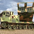 Military Camouflage Tank With Tracked Wheels And Rocket Launcher System In Desert Terrain