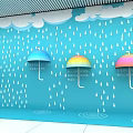 Colorful Decorative Blue Wall With Umbrella Ice Cream Art And Cloud Patterns