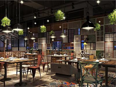 Modern Restaurant Interior With Hanging Chandeliers Green Plant Decorations And Wooden Tables 3d model