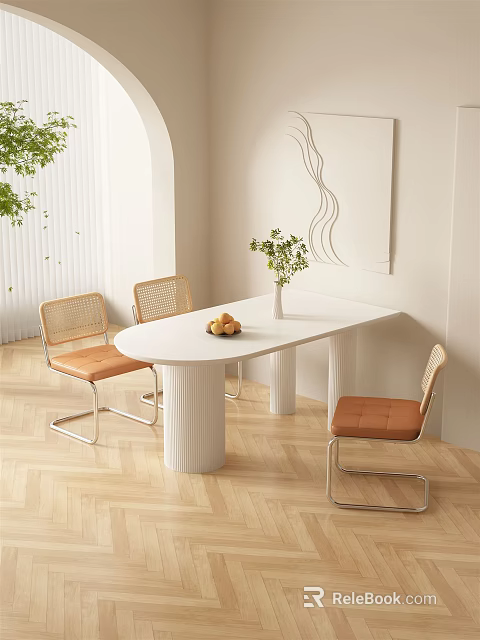 White Oval Dining Table Set With Cane Chairs Leather Seats Vase And Green Plants 3d model 