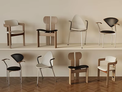 Various Designed Chairs Displayed On Shelves With Wooden And Metal Frames 3d model