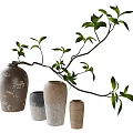 Rustic Ceramic Vases Of Different Sizes With Leafy Branch And Green Leaves