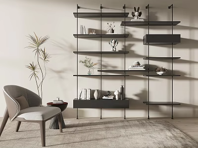 Modern Shelving Unit With Decorative Items Plant And Armchair In Living Space 3d model