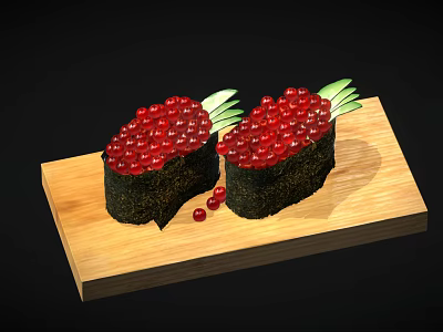 Fish Roe Sushi Served On Wooden Plate Against Black Background 3d model