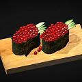 Fish Roe Sushi Served On Wooden Plate Against Black Background