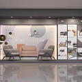 Furniture Window Showcase With Modern Sofa Accent Chairs Circular Decor And Displayed