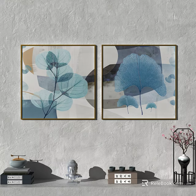 Elegant Modern Blue Leaf Wall Art Paintings For Home Interior Decor 3d model