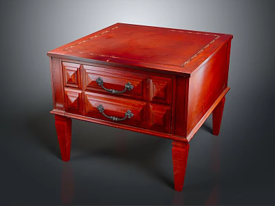 Traditional Wooden Nightstand With Two Drawers And Metal Handles In Red Finish 3d model