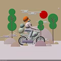 Cartoon Game and Movie Character Riding Green Bicycle With Basket Ball Green Trees Red Sun